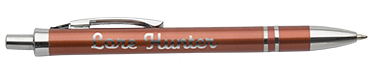 This is a brown and silver ballpoint metallic 
			pen with a cursive logo that states Lore Hunter on it in a tan color.